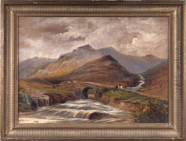 Mountain Landscape With Stone Bridge Over A Stream Oil Painting by Thomas Hill