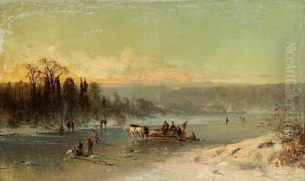 Figures On A Horse Drawn Sledge And Figures Ice Fishing On A Frozen River With A Town Beyond Oil Painting by Thomas Hill