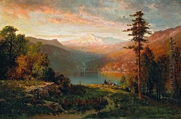 Indian By A Lake In A Majestic California Landscape Oil Painting by Thomas Hill