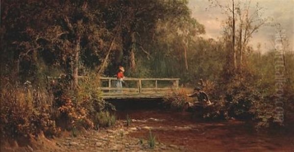 Fishing From The Bridge, Lagunitas Creek Oil Painting by Thomas Hill