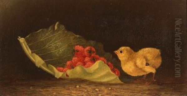 A Dainty Morsel/genre Scene With Chick And A Mound Of Strawberries Oil Painting by Thomas Hill