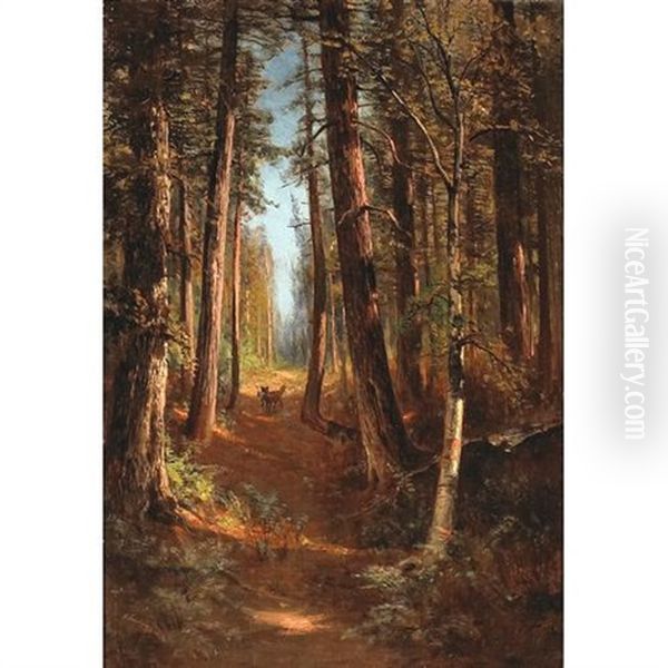 A Wooded Landscape With A Red Fox Oil Painting by Thomas Hill