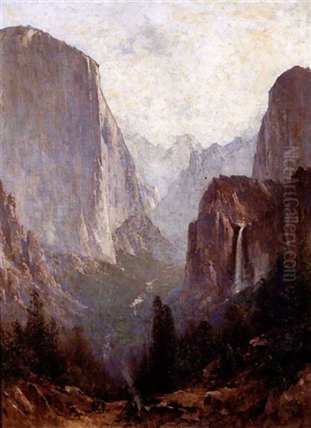 Yosemite Valley (incl. Pen And Ink Sketch, 1886, Letters & Artist's Card) Oil Painting by Thomas Hill