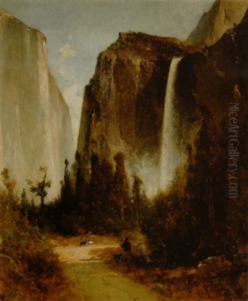 Figures Around A Campfire In Yosemite Valley, With Bridal Veil Falls And El Capitan In The Distance Oil Painting by Thomas Hill