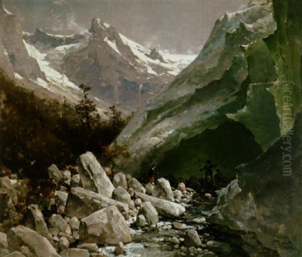 Figures At The Base Of An Alaskan Glacier Oil Painting by Thomas Hill