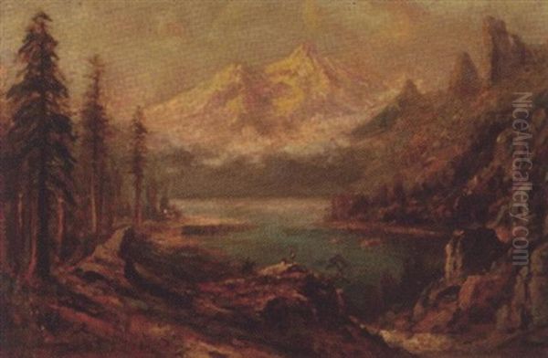 Rider On Horseback And Two Figures In View Of Mt. Shasta From Castle Lake Oil Painting by Thomas Hill