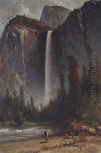 A Native American At Bridal Veil Falls, Yosemite Oil Painting by Thomas Hill