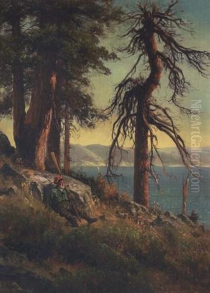 Lake Tahoe (a Man With An Oar Sitting On A Bluff) Oil Painting by Thomas Hill