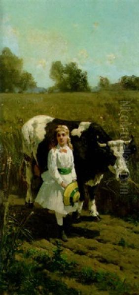 A Little Girl And A Cow Near A Pasture Oil Painting by Thomas Hill