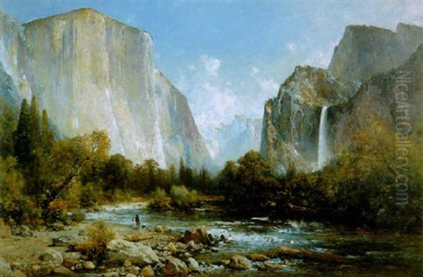 A Fisherman And His Dog On The Bank Of The Merced River, Yosemite Oil Painting by Thomas Hill