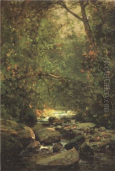 Stream In Forest Interior Oil Painting by Thomas Hill