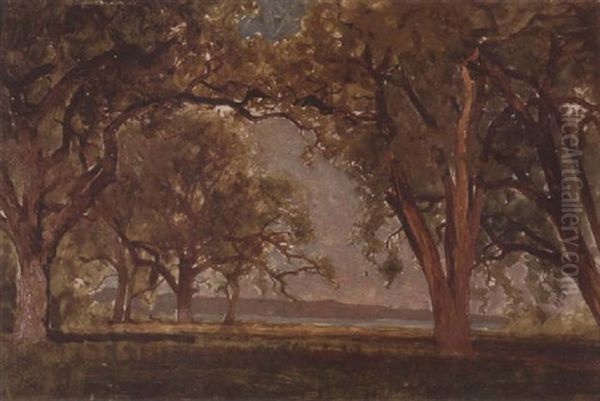 Landscape With Oaks And A Lake Beyond Oil Painting by Thomas Hill