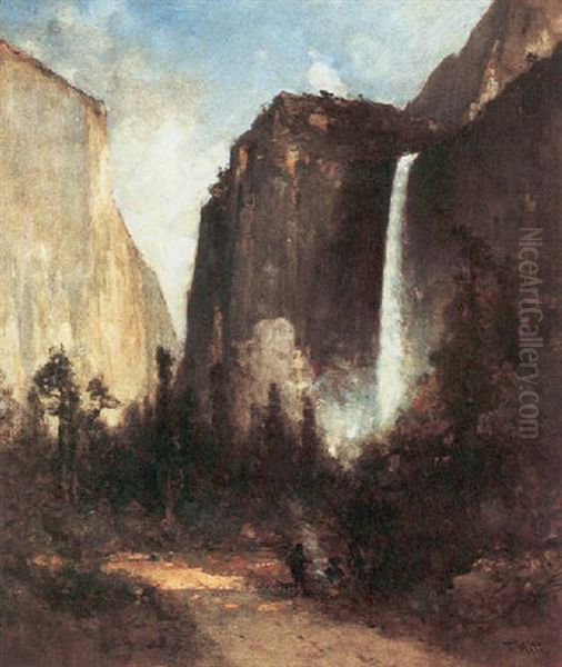 Travelers By A Campfire Near Bridal Veil Falls, Yosemite Oil Painting by Thomas Hill