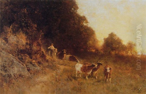 Herding Cattle Oil Painting by Thomas Hill