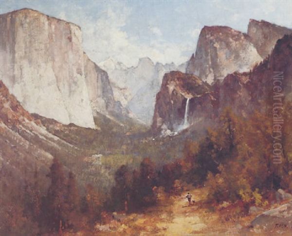 A View Of Yosemite Valley With A Figure And His Dog Oil Painting by Thomas Hill