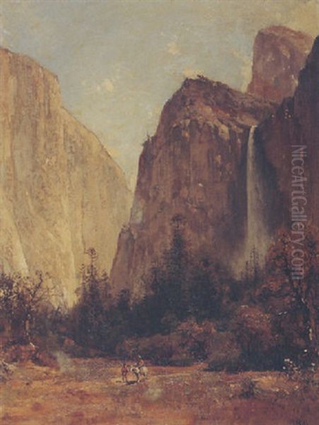 Figures Near Bridal Veil Falls, Yosemite Oil Painting by Thomas Hill