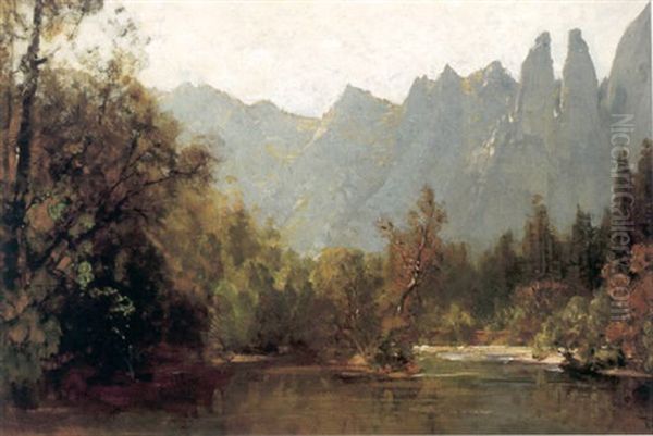 Cathedral Spires From Along The Merced, Yosemite Valley Oil Painting by Thomas Hill