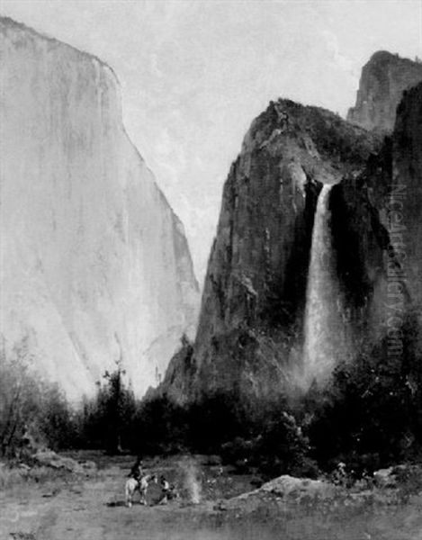 Indian Encampment Before Bridal Veil Falls, Yosemite Valley Oil Painting by Thomas Hill