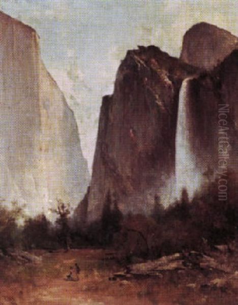 Yosemite Valley And Bridalveil Falls Oil Painting by Thomas Hill