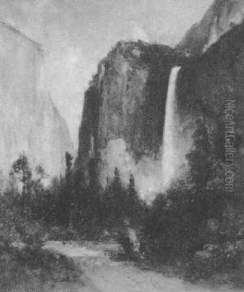 Camping Below Bridal Veil Falls Oil Painting by Thomas Hill