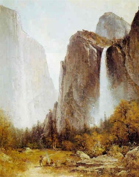 Indian Encampment Beneath Bridal Veil Falls Oil Painting by Thomas Hill