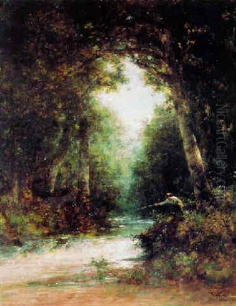 Fishing Beside A Stream Oil Painting by Thomas Hill