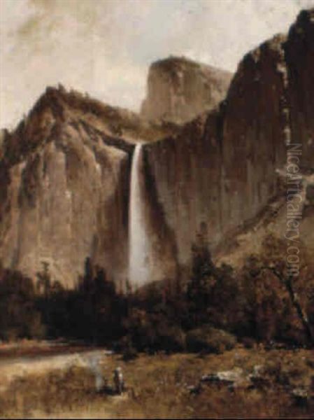 Indians Beside The Merced, Bridal Veil Falls Oil Painting by Thomas Hill