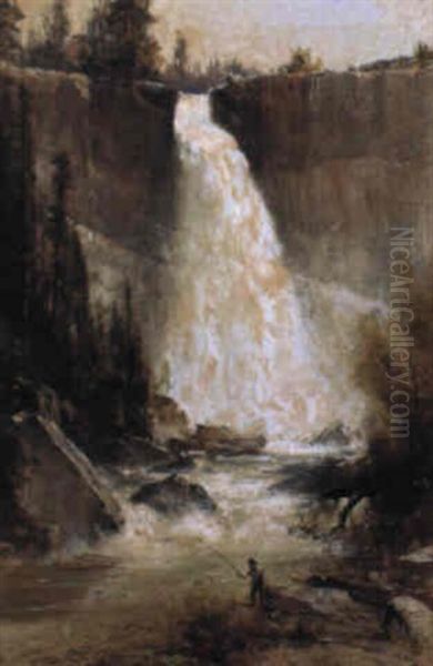 Fishing Beside Bridal Veil Falls Oil Painting by Thomas Hill