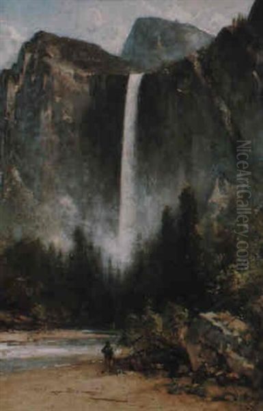 Indian Fisherman By A Sunlit Waterfall Oil Painting by Thomas Hill