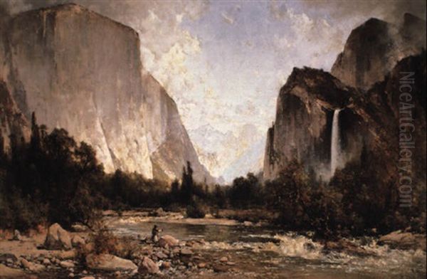 Fishing On The Merced River, Yosemite Valley Oil Painting by Thomas Hill