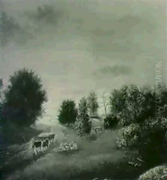 Farmer With An Ox-drawn Cart In A Country Landscape Oil Painting by Thomas Hill