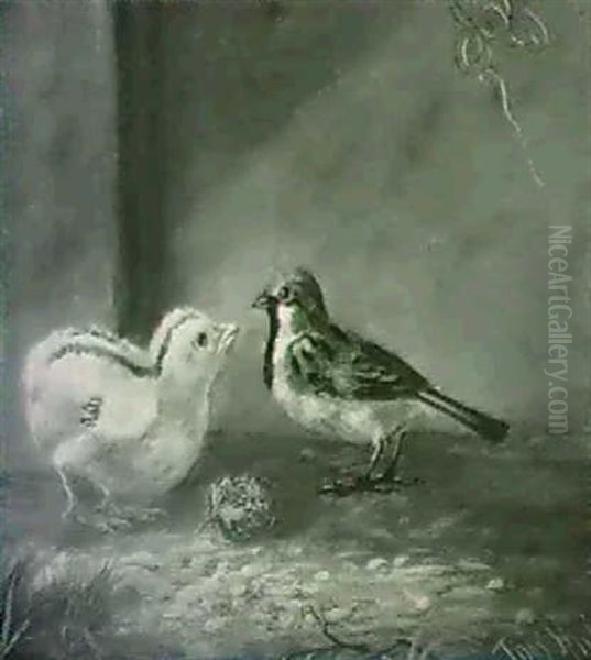 A Chick And A Sparrow With A Berry Oil Painting by Thomas Hill