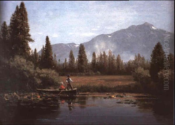 Fishing On A Stream Oil Painting by Thomas Hill