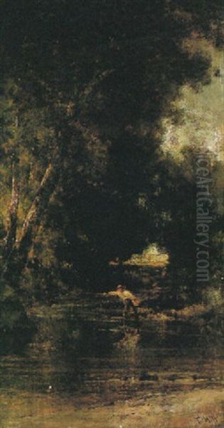 Woodland Trout Fishing Oil Painting by Thomas Hill