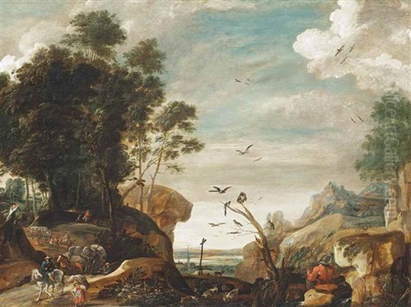 A Wooded Landscape With Travellers On A Path, A Man Catching Birds, A Town Beyond Oil Painting by Pauwels van Hillegaert