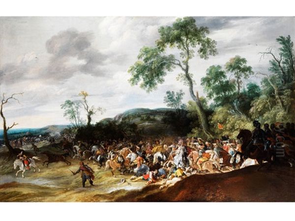 Grosse Schlachtenszene In Hugeliger Landschaft Mit Eichenbaumen Oil Painting by Pauwels van Hillegaert