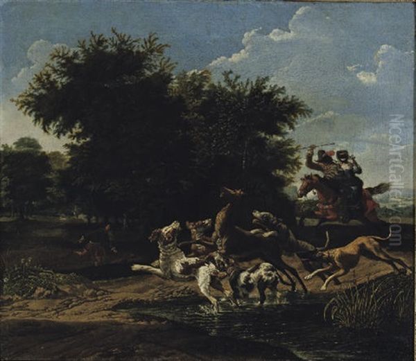 A Deer Hunt In A Wooded Landscape Oil Painting by Pauwels van Hillegaert