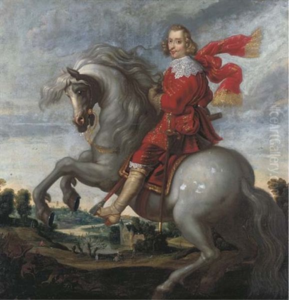 An Equestrian Portrait Of The Cardinal-infante Ferdinand, An Extensive River Landscape Beyond Oil Painting by Pauwels van Hillegaert