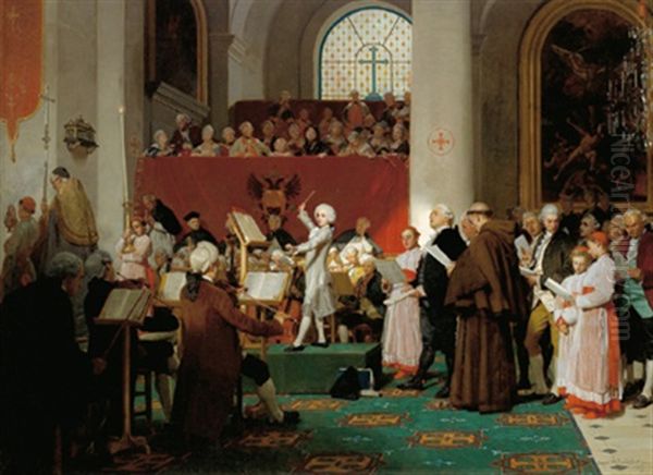 Hommage An Wolfgang Amadeus Mozart. Am 7.12.1768 Dirigierte Der 12jahrige Mozart Die C-moll Messe In Der Waisenhauskirche In Anwesenheit Der Kaiserlichen Familie Oil Painting by Eugene Ernest Hillemacher