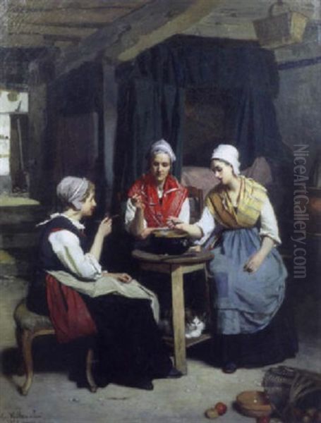 Scene D'interieur Avec Trois Paysannes Oil Painting by Eugene Ernest Hillemacher