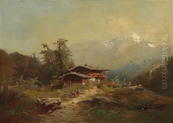 Alpine Landscape Oil Painting by Heinrich Hiller