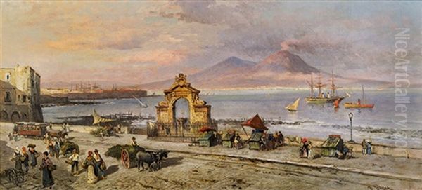 Hafen Von Santa Lucia In Neapel Mit Blick Auf Den Vesuv Oil Painting by Heinrich Hiller