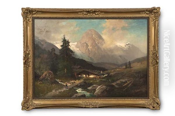 Berglandschaft Mit Wanderer Oil Painting by Heinrich Hiller