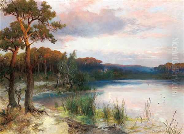 Landscape With Lake Oil Painting by Heinrich Hiller