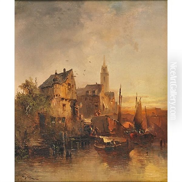 Harbor Scene Oil Painting by Heinrich Hiller