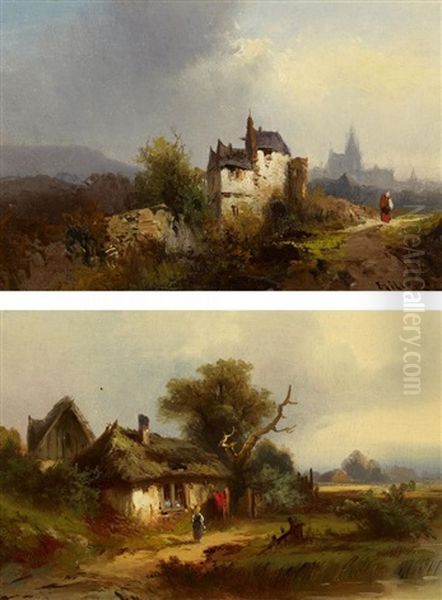 Zwei Gemalde: Landschaften Mit Gehoften (pair) Oil Painting by Heinrich Hiller