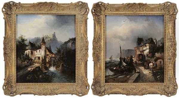 Port Scene With Houses And Boats By The Shore And A Mill With A Castle On A Distant Mountain (pair) Oil Painting by Heinrich Hiller