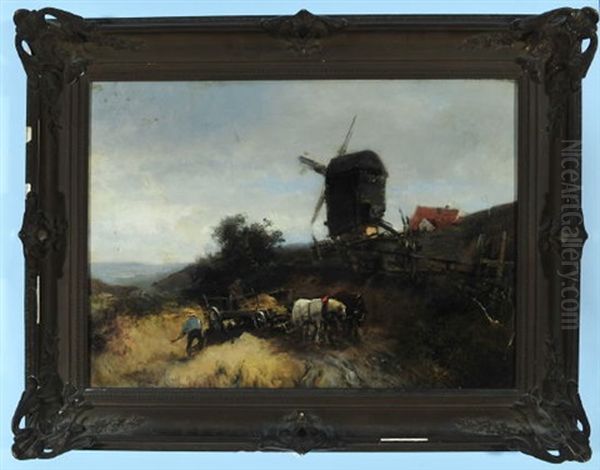 Niederlandische Landschaft Mit Muhle Und Bauern Bei Der Getreideernte Oil Painting by Heinrich Hiller