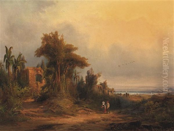 Abendstimmung An Der Suditalienischen Kuste Oil Painting by Heinrich Hiller