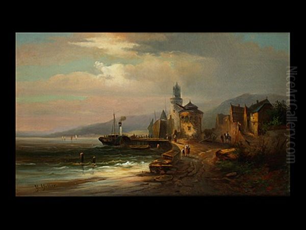 Landungssteg Mit Dampfschiff Am Rhein Oil Painting by Heinrich Hiller